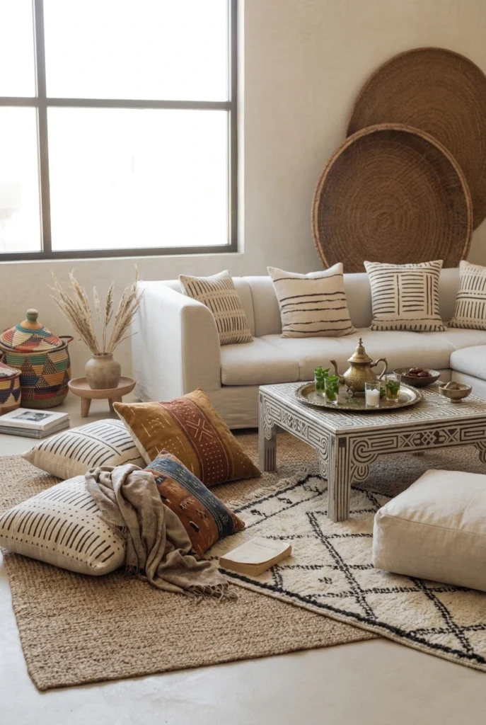 Afrohemian Boho Living Room with Layered Rugs