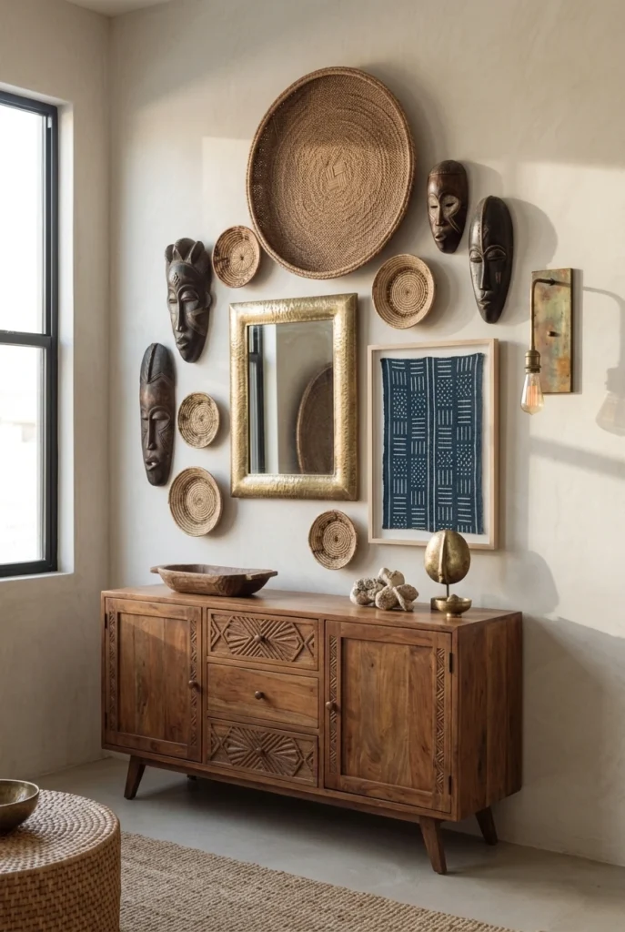 Afrohemian Gallery Wall with African Masks and Textiles