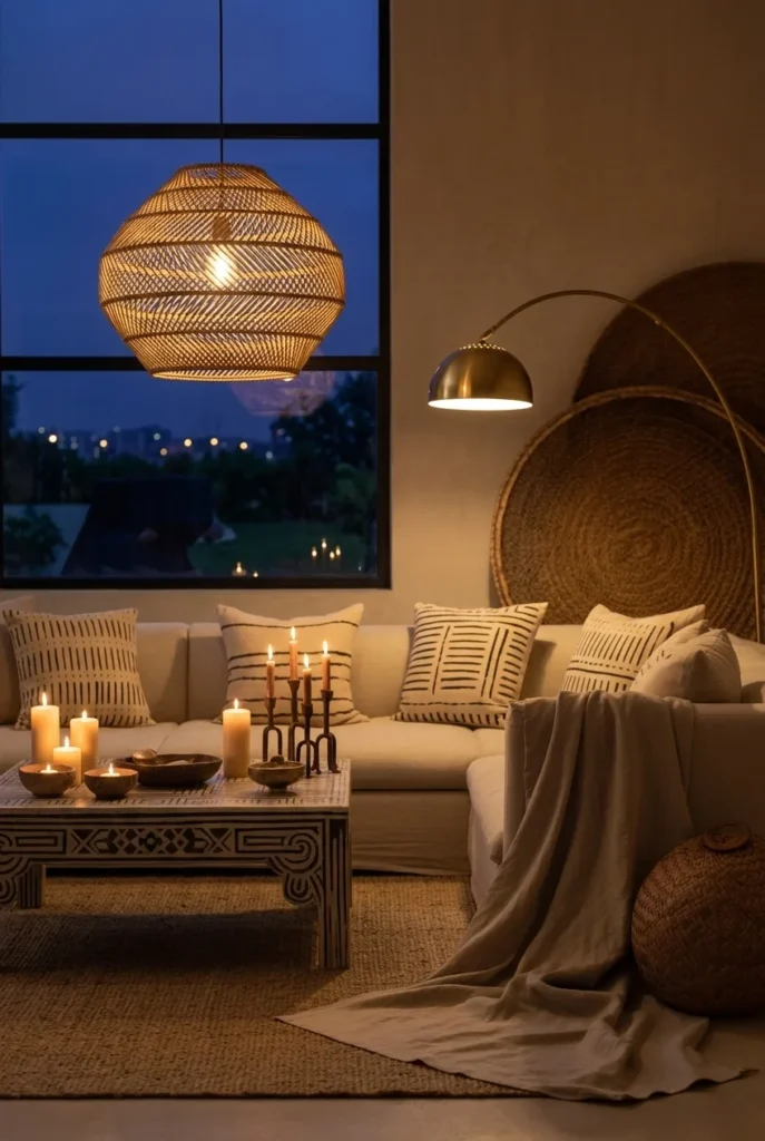 Afrohemian Living Room Lighting Ideas with Rattan and Brass