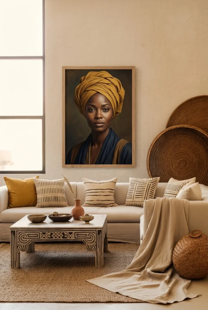 Afrohemian Living Room with a Statement Headwrap Wall Art
