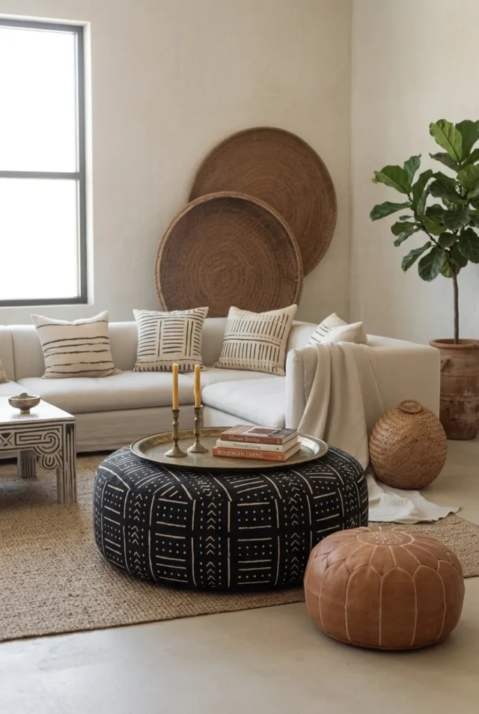 Afrohemian Living Room with a Statement Pouf or Ottoman