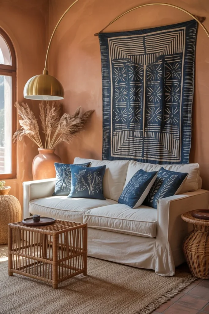 Afrohemian Living Room with Adire Indigo Fabric