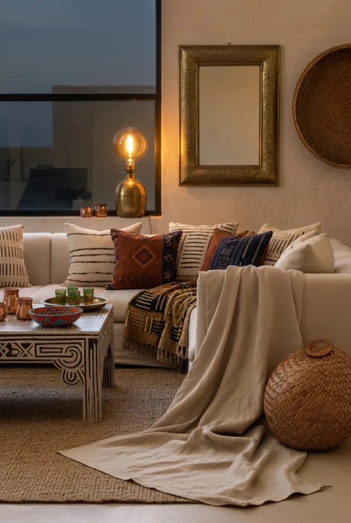 Afrohemian Living Room with Beaded and Brass Accents