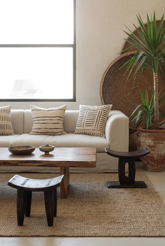 Afrohemian Living Room with Carved Wood Furniture