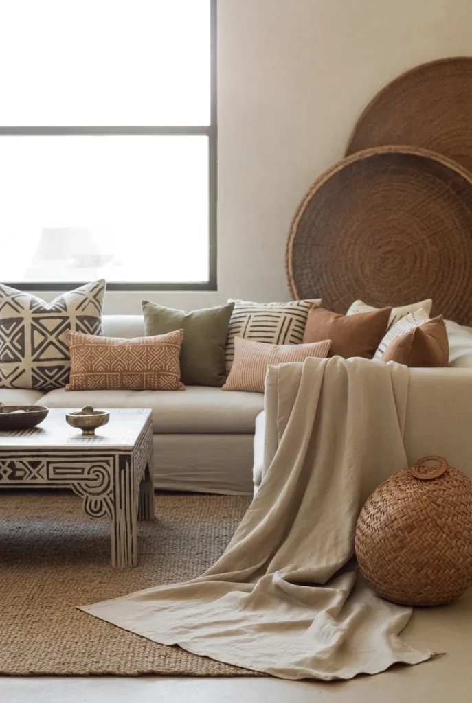 Afrohemian Living Room with Mixed Pattern Pillows