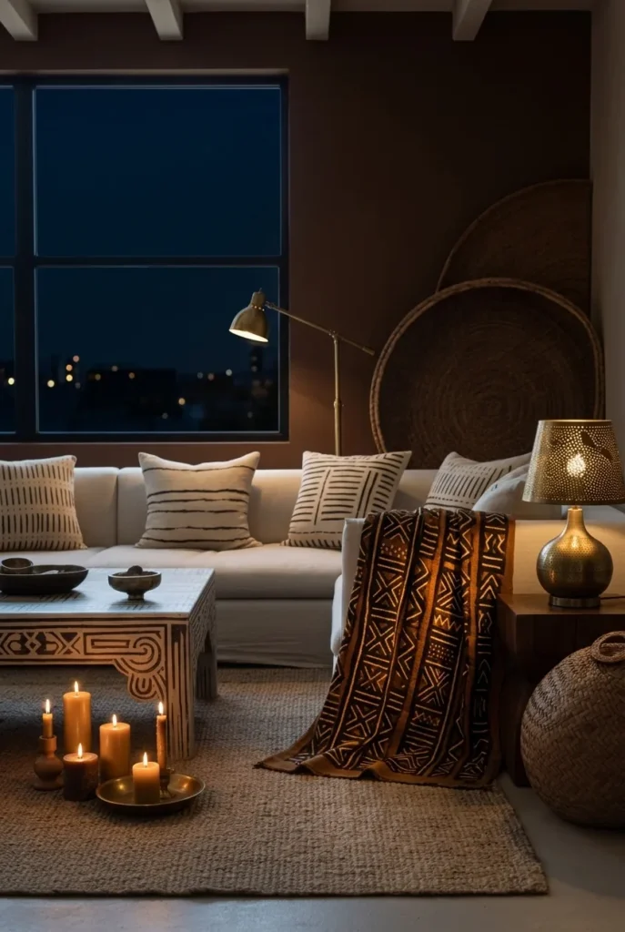 Afrohemian Living Room with Moody Dark Walls