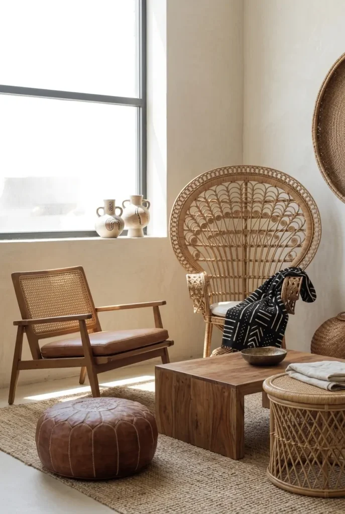 Afrohemian Living Room with Rattan and Cane Furniture