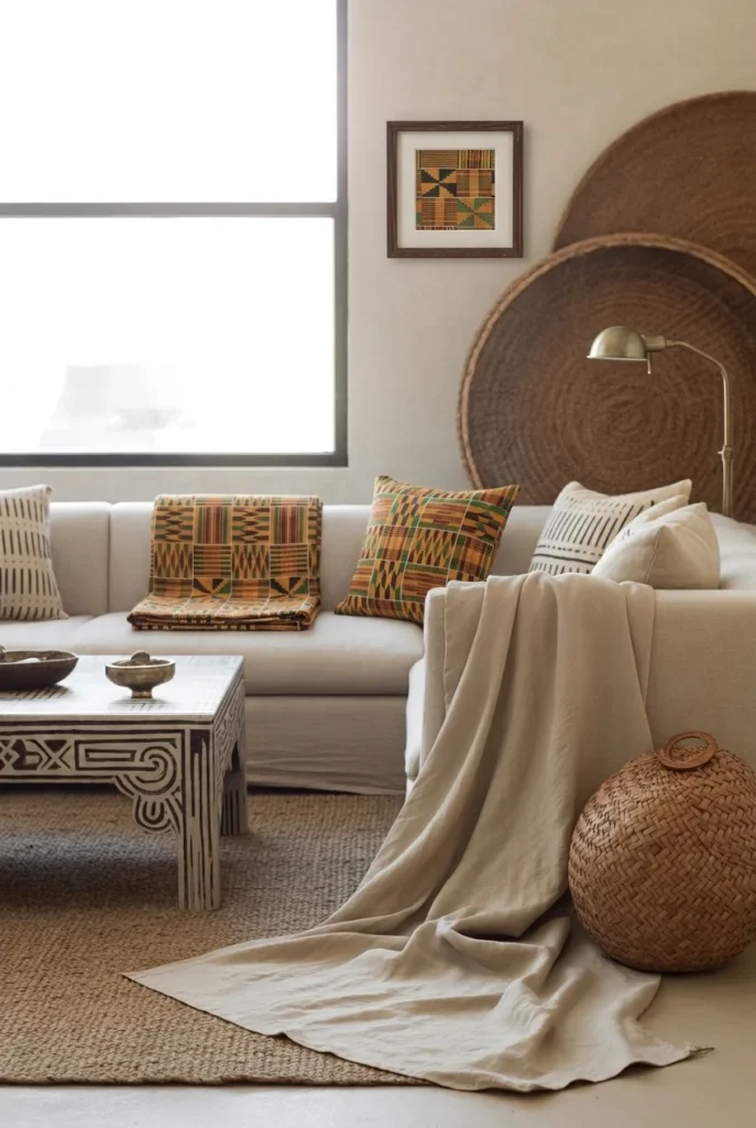 Afrohemian Living Room with Vintage Kente Cloth Accents