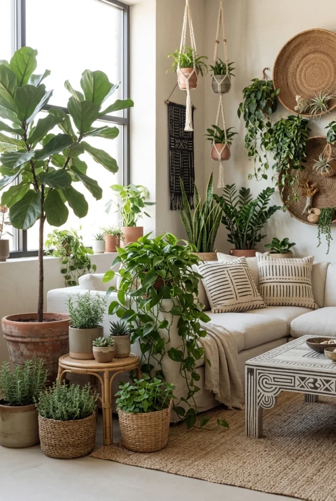 Afrohemian Living Room with Plants and Greenery