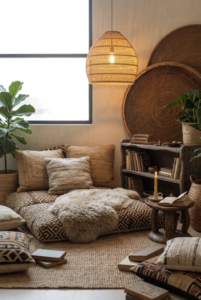 Afrohemian Reading Nook with Woven Floor Cushions