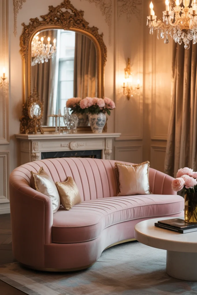 blush pink velvet curved sofa with gilded accents