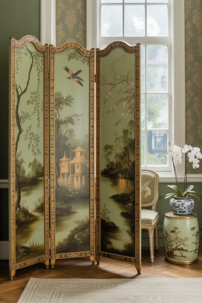 breathtaking four panel hand painted chinoiserie folding screen