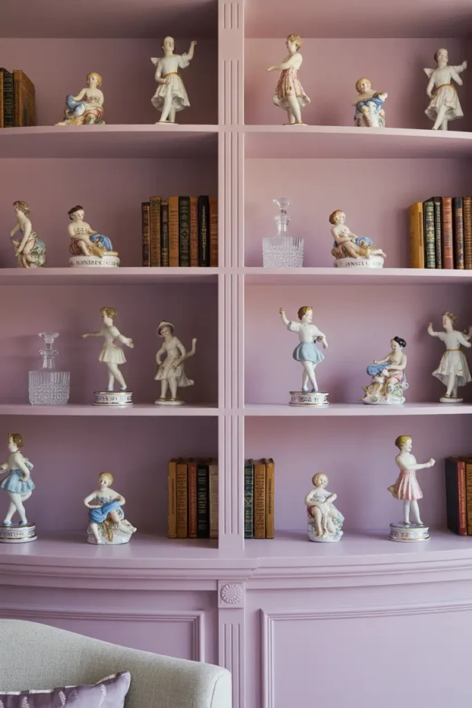 curved etagere shelving painted soft pastel pink