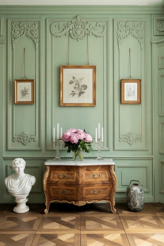 elegant living room with mint green boiserie