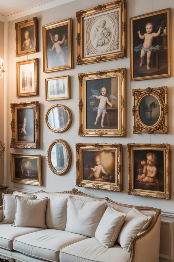 gallery wall featuring multiple cherub and cupid artworks