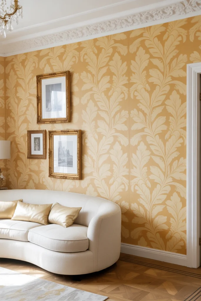 living room with pastel damask wallpaper floor to ceiling
