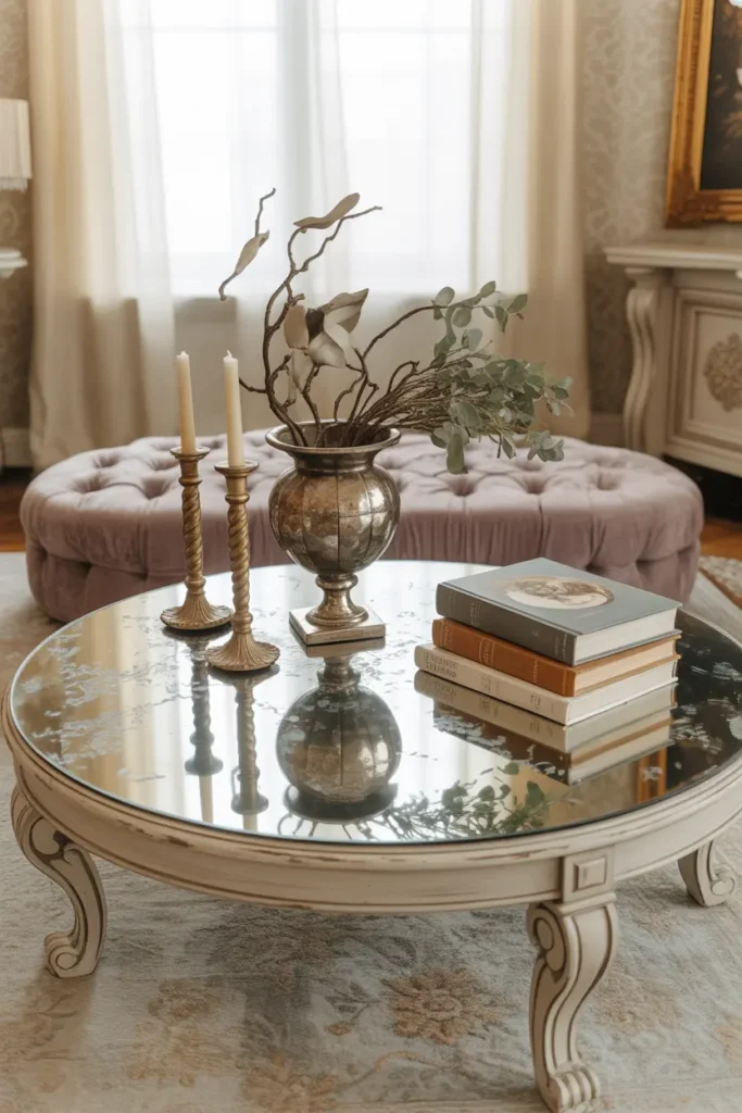 luminous antique mirrored coffee table as dreamy living room