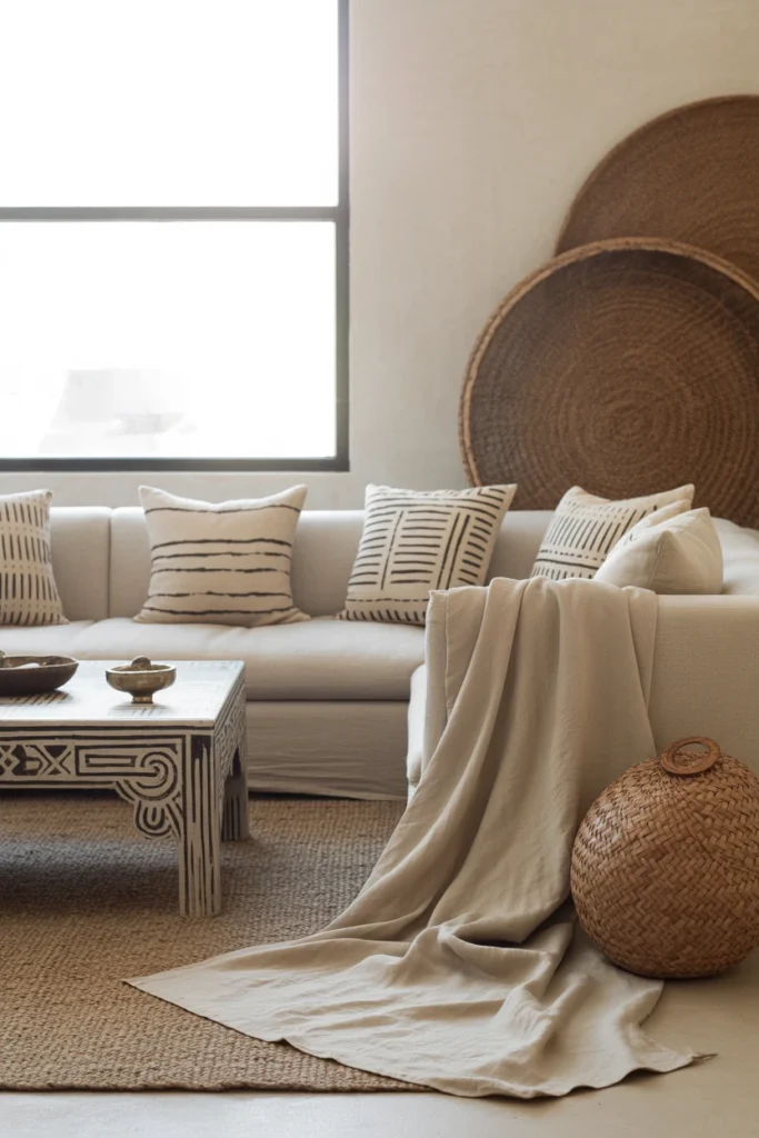 mudcloth sofa styling for an afrohemian living room