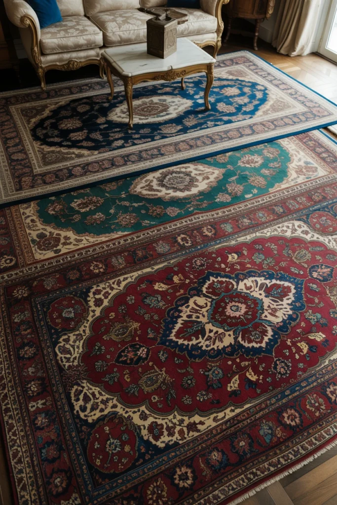 opulent living room floor with three layered persian rugs