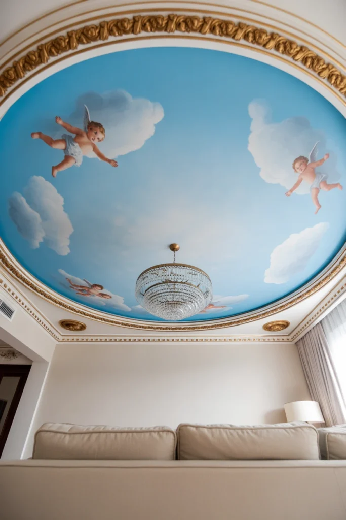 sky blue ceiling with cloud murals and cherub details