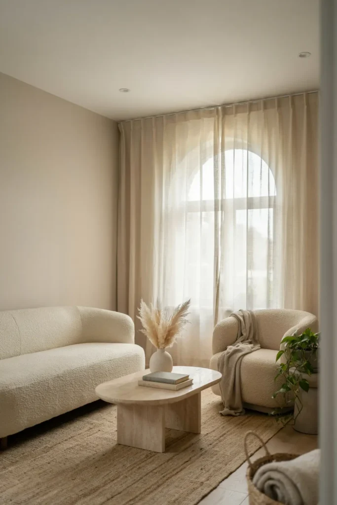 A cozy small living room using furniture with curved edges