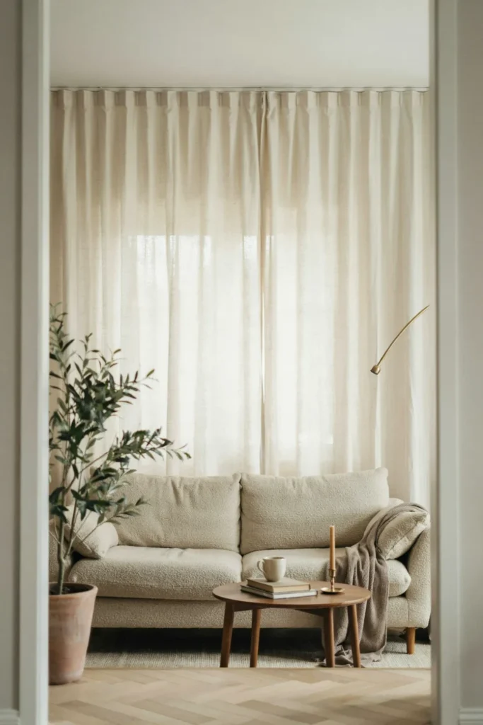 A cozy small living room using one long curtain