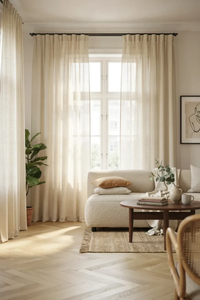 A cozy small living room with high curtains