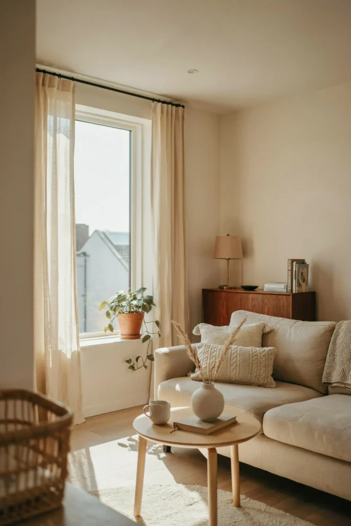 A cozy small living room with soft warm cream walls