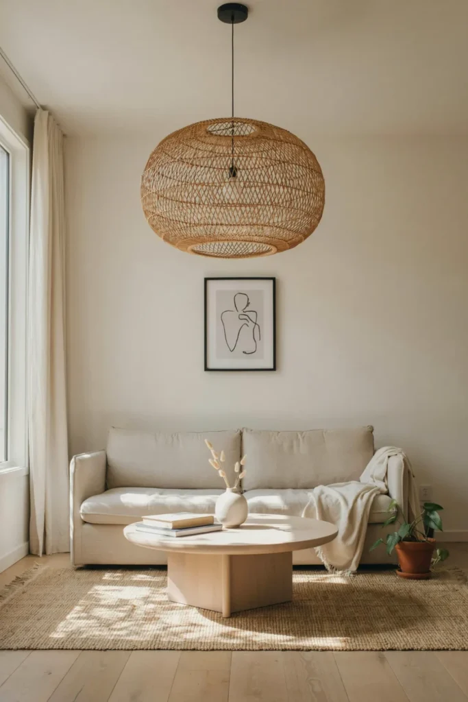 A cozy small living room with statement light