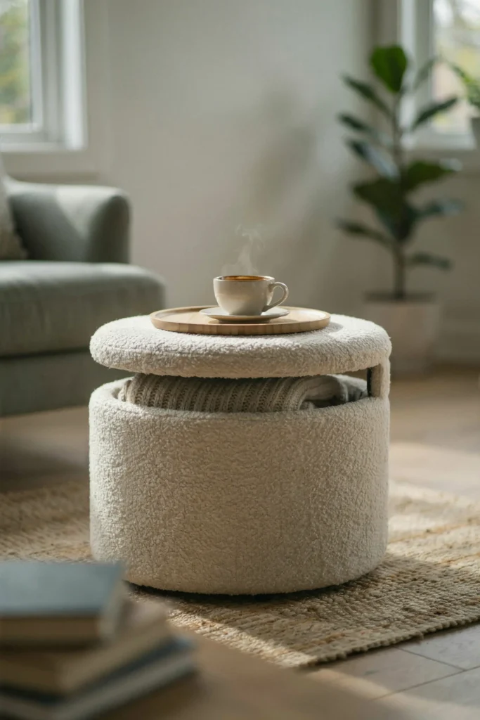 A round upholstered storage ottoman in cream boucle fabric