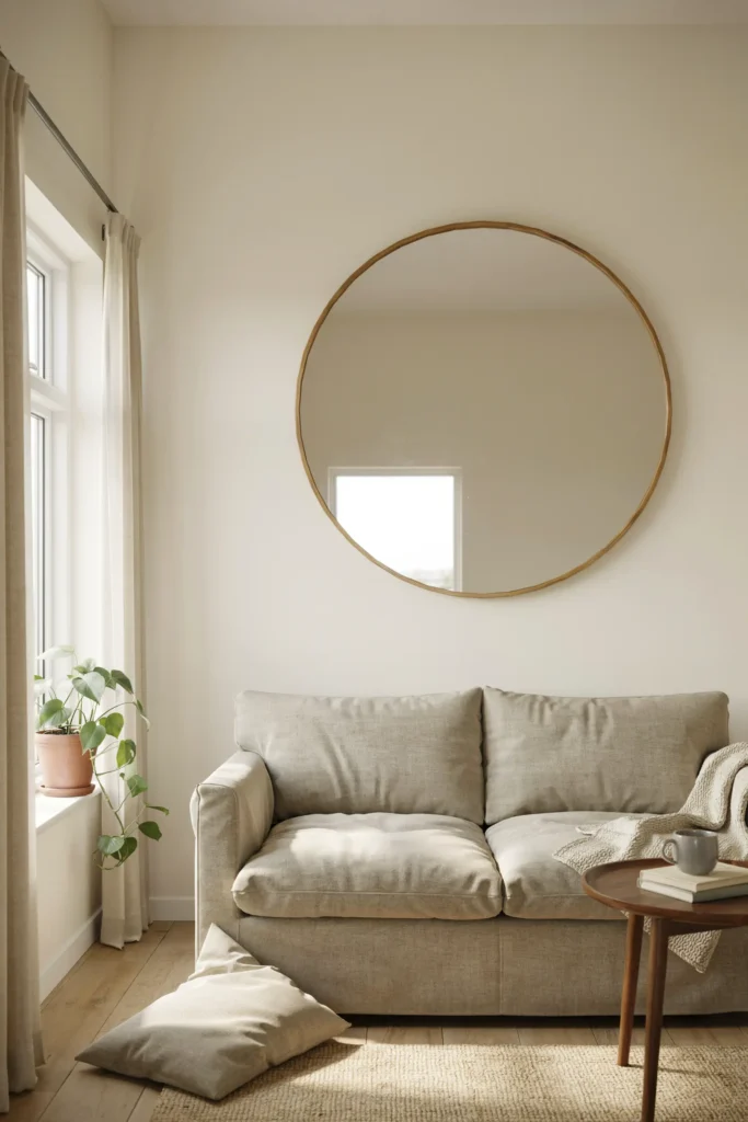 A small cozy living room with a large round gold-framed mirror