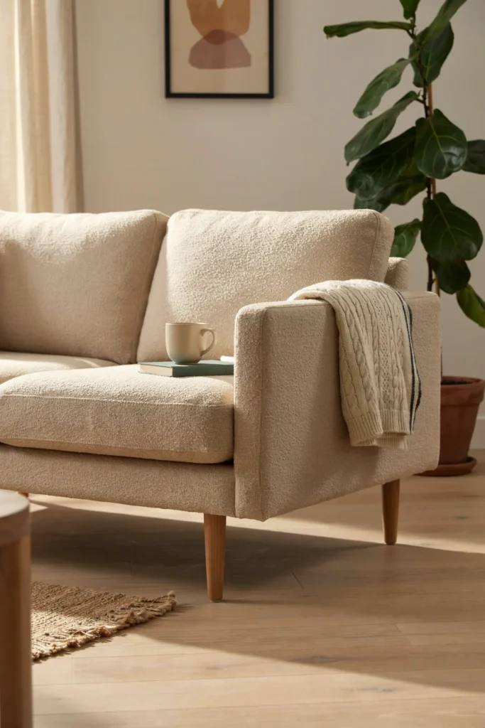 A small cozy living room with sofa with visible legs