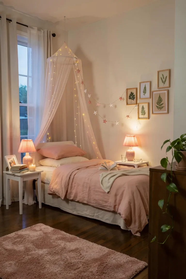 Blush Canopy Bed with Fairy Light Magic