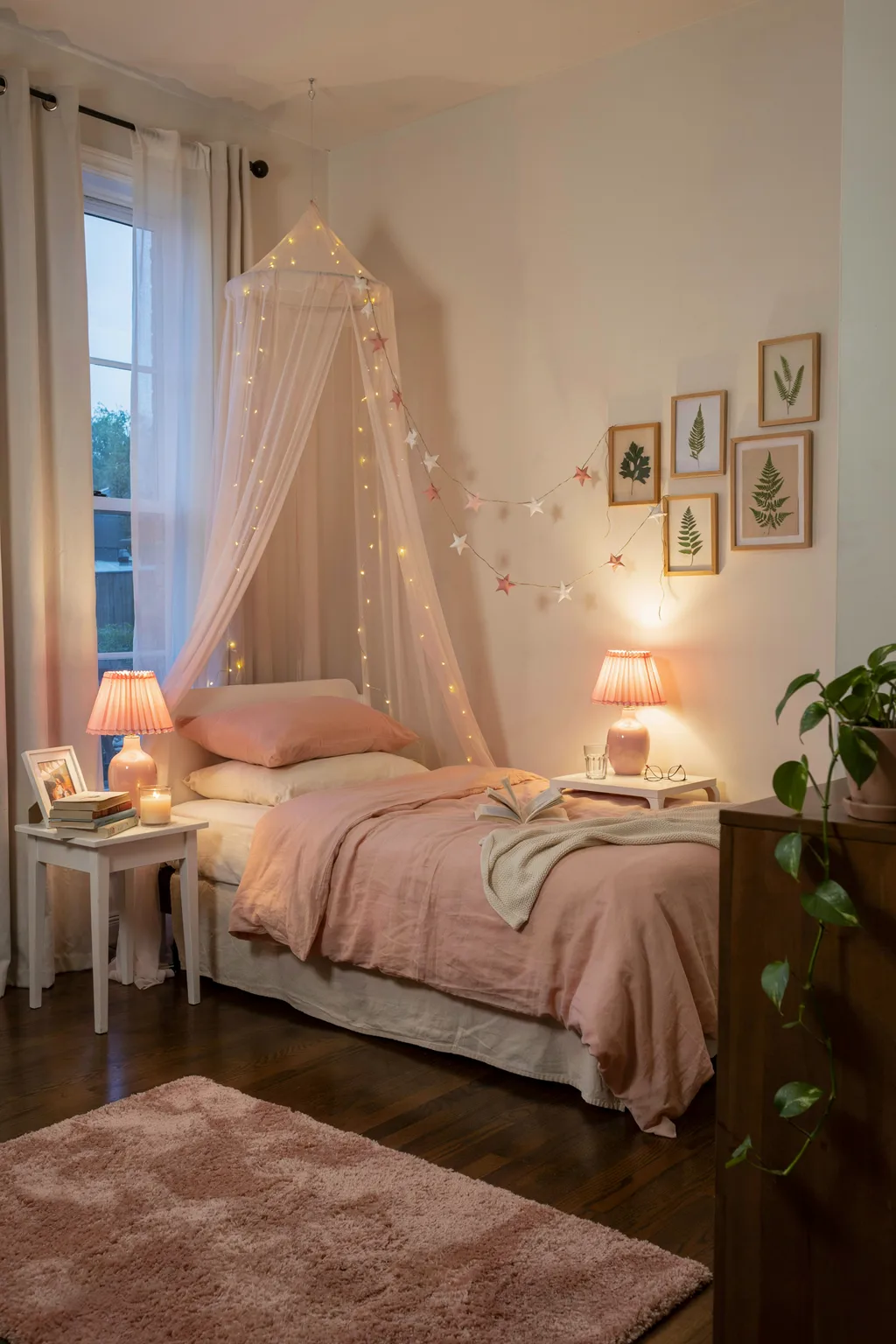 Blush Canopy Bed with Fairy Light Magic