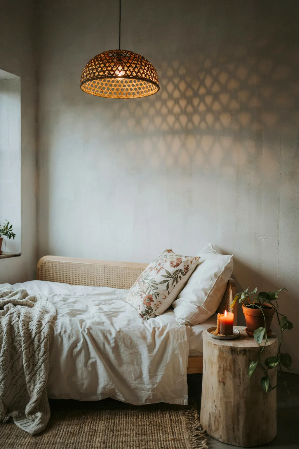 Rattan Pendant Light Above the Bed