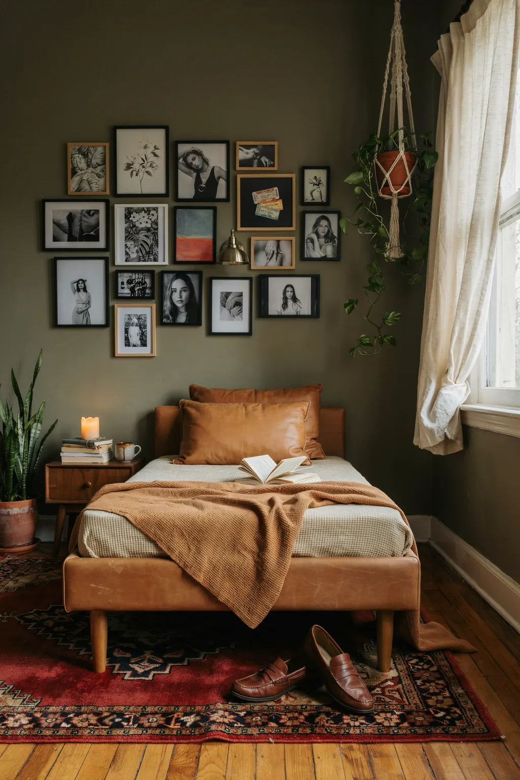 Olive Walls and Leather Bed