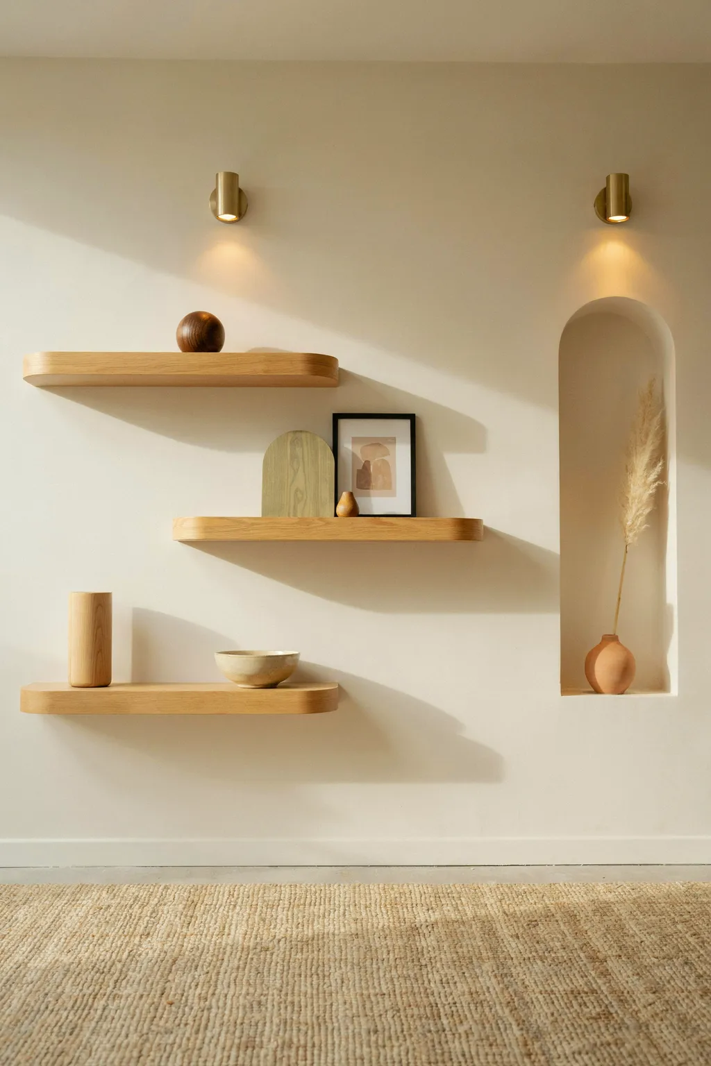 Floating Wood Shelves Under Warm Brass Sconces