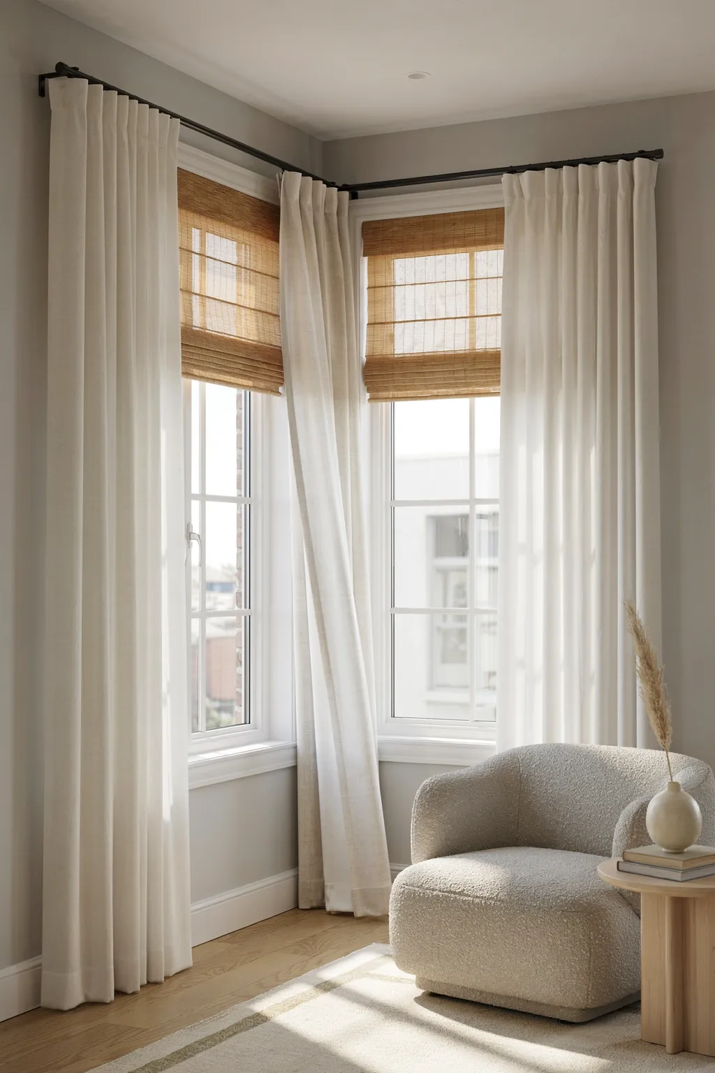 White Drapes Over Woven Shades