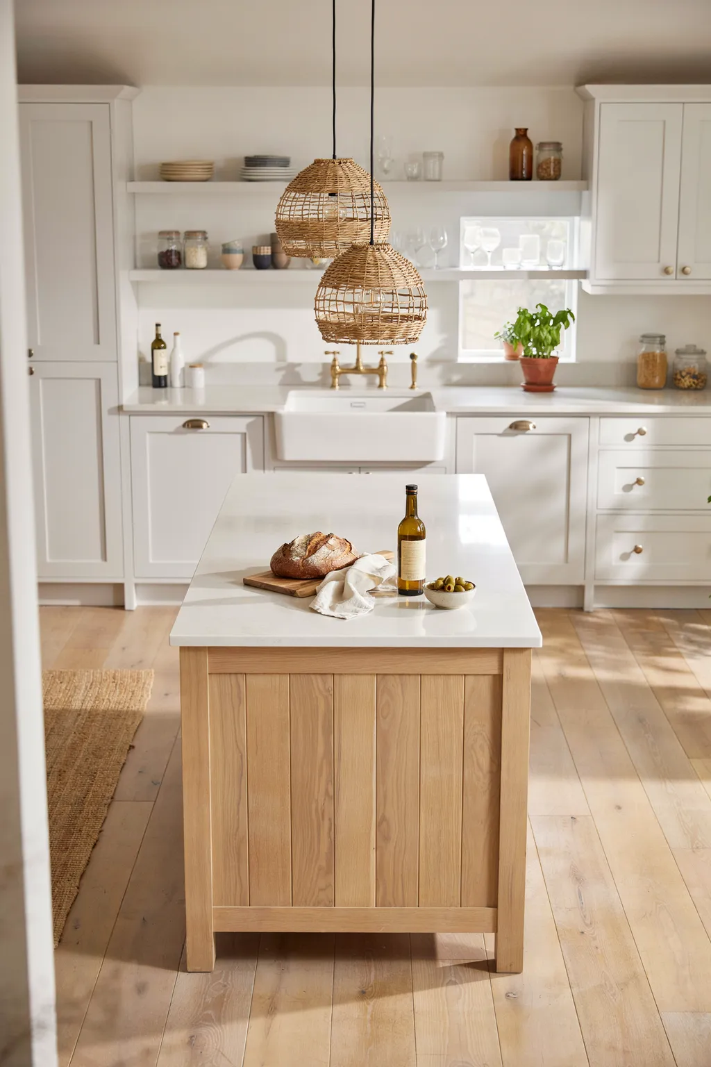 Bright White Kitchen With Oak Island