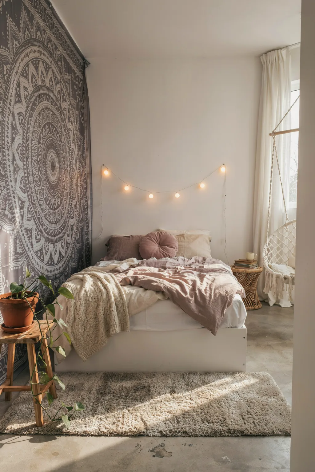 Boho Tapestry Teen Room with Hanging Chair