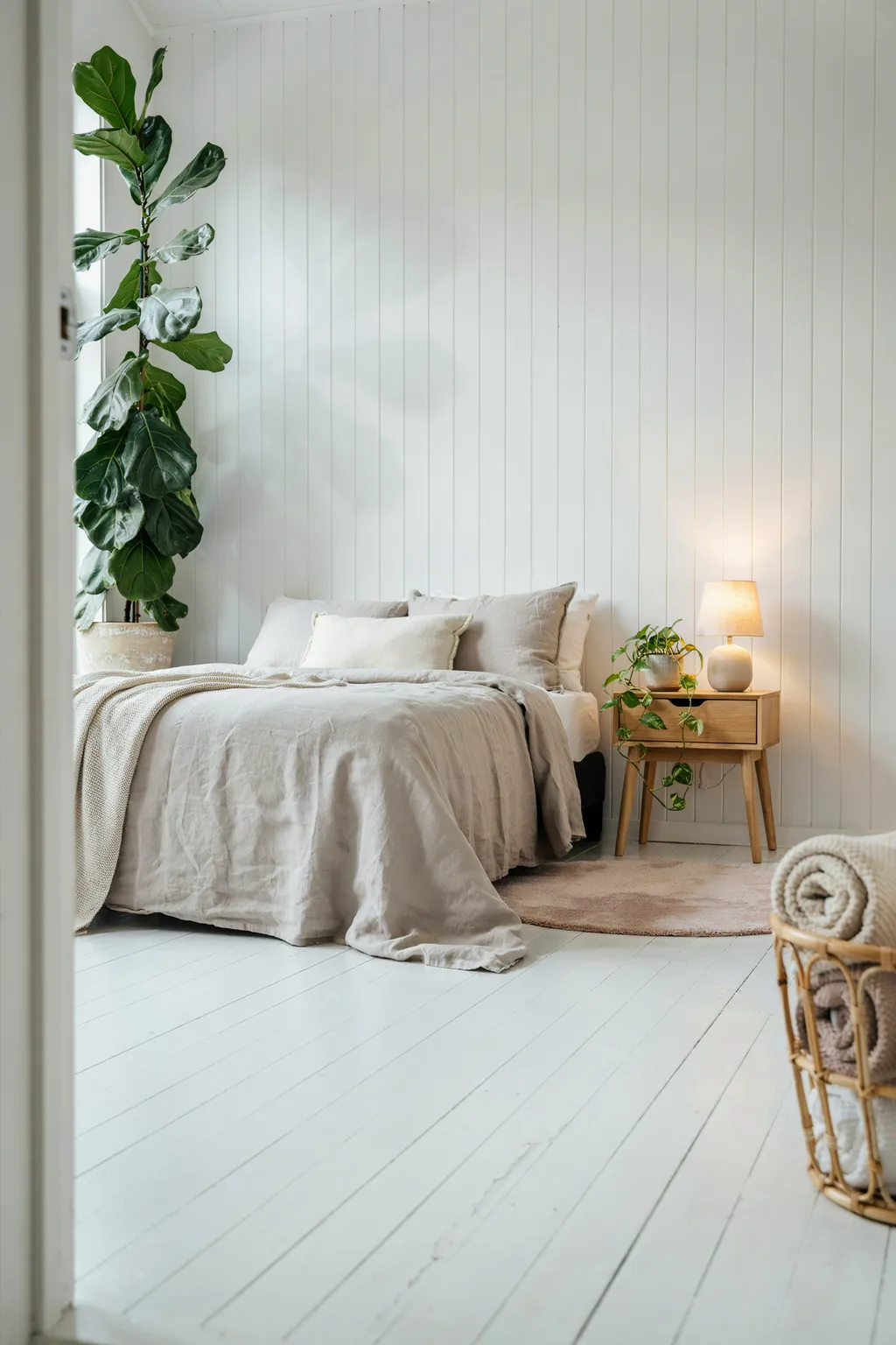 White Minimalist Bedroom With Easy Greenery