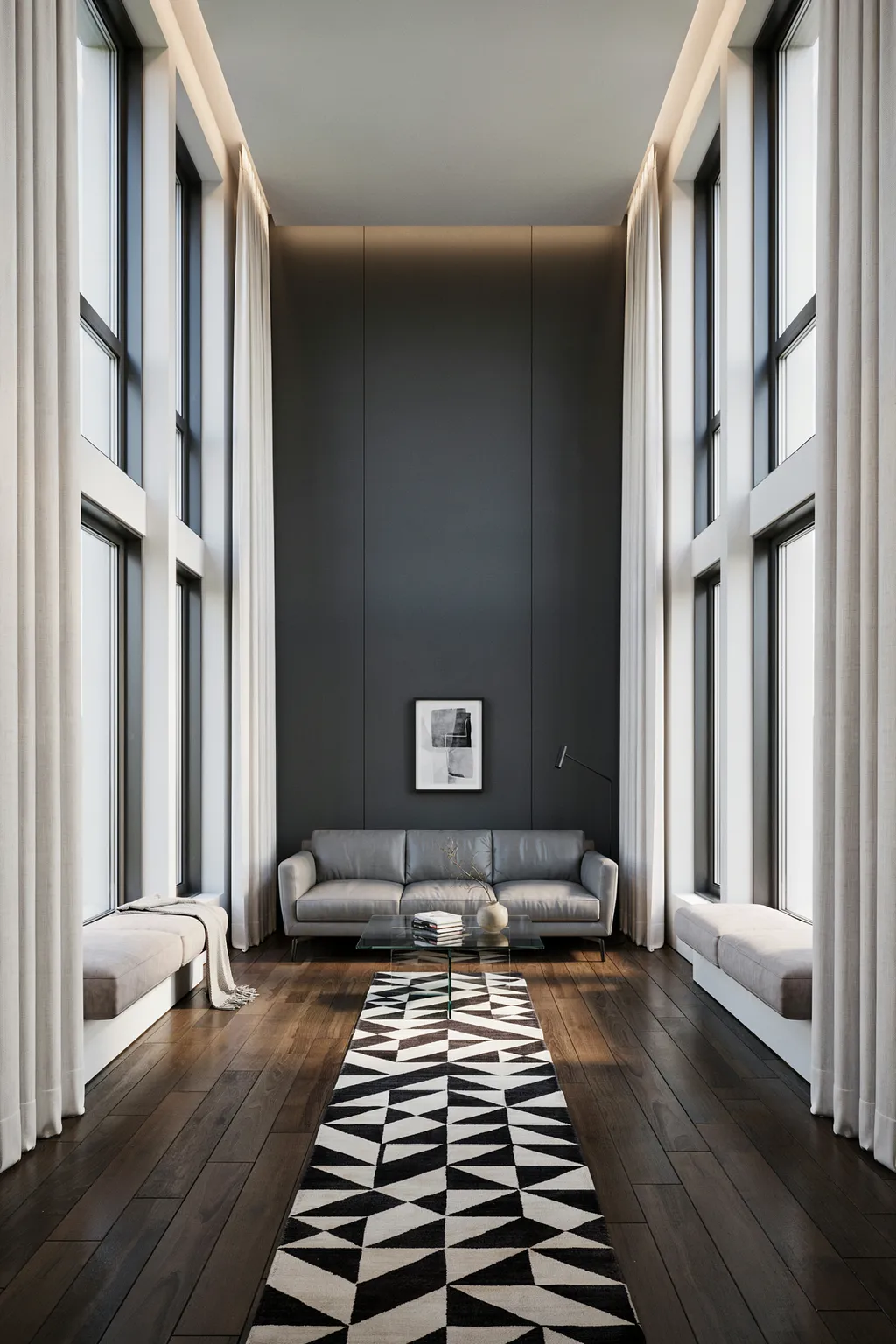Dark Accent Wall Shortens a Long Room