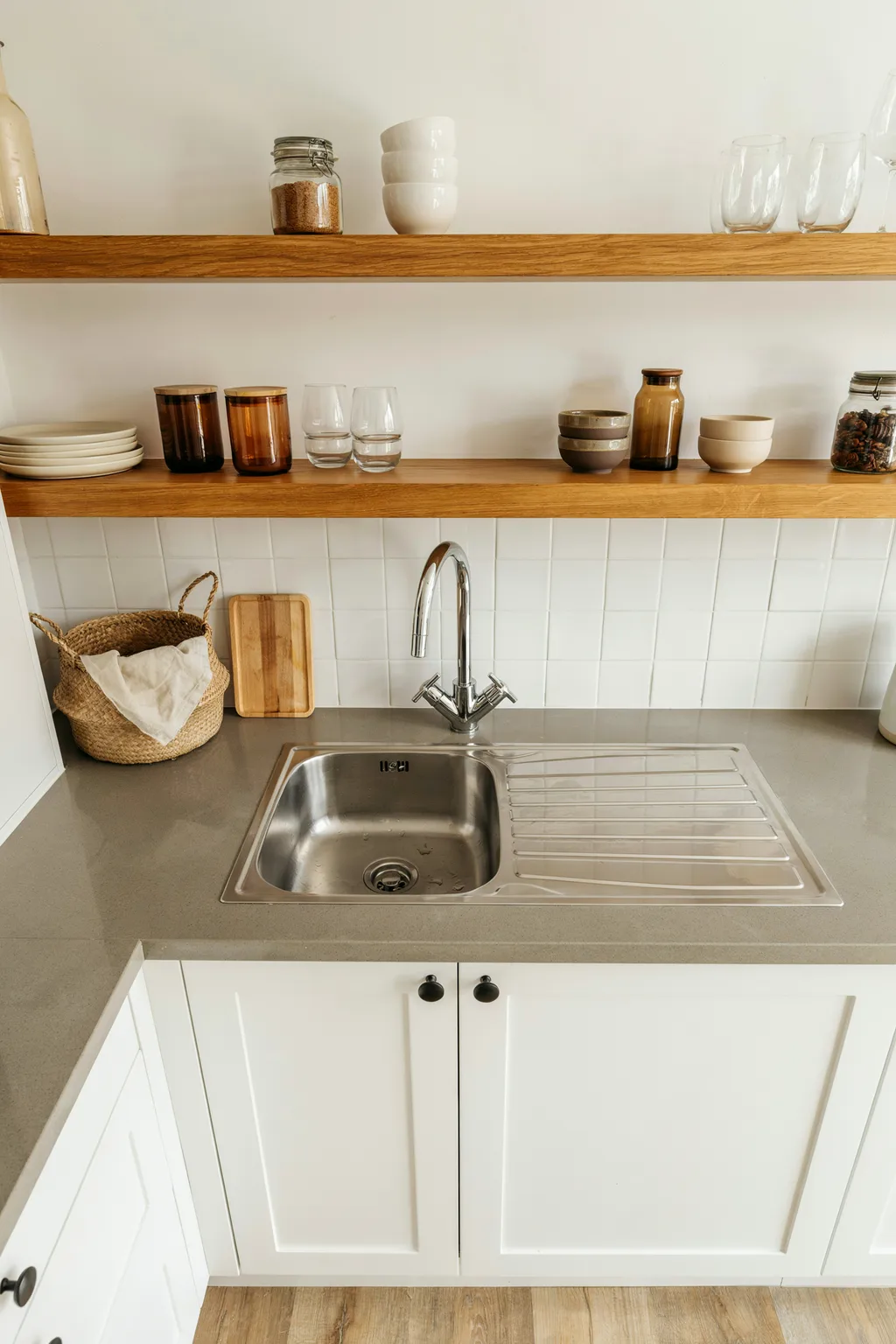 Stainless Sink Built-In Drainer Open Shelves Kitchen