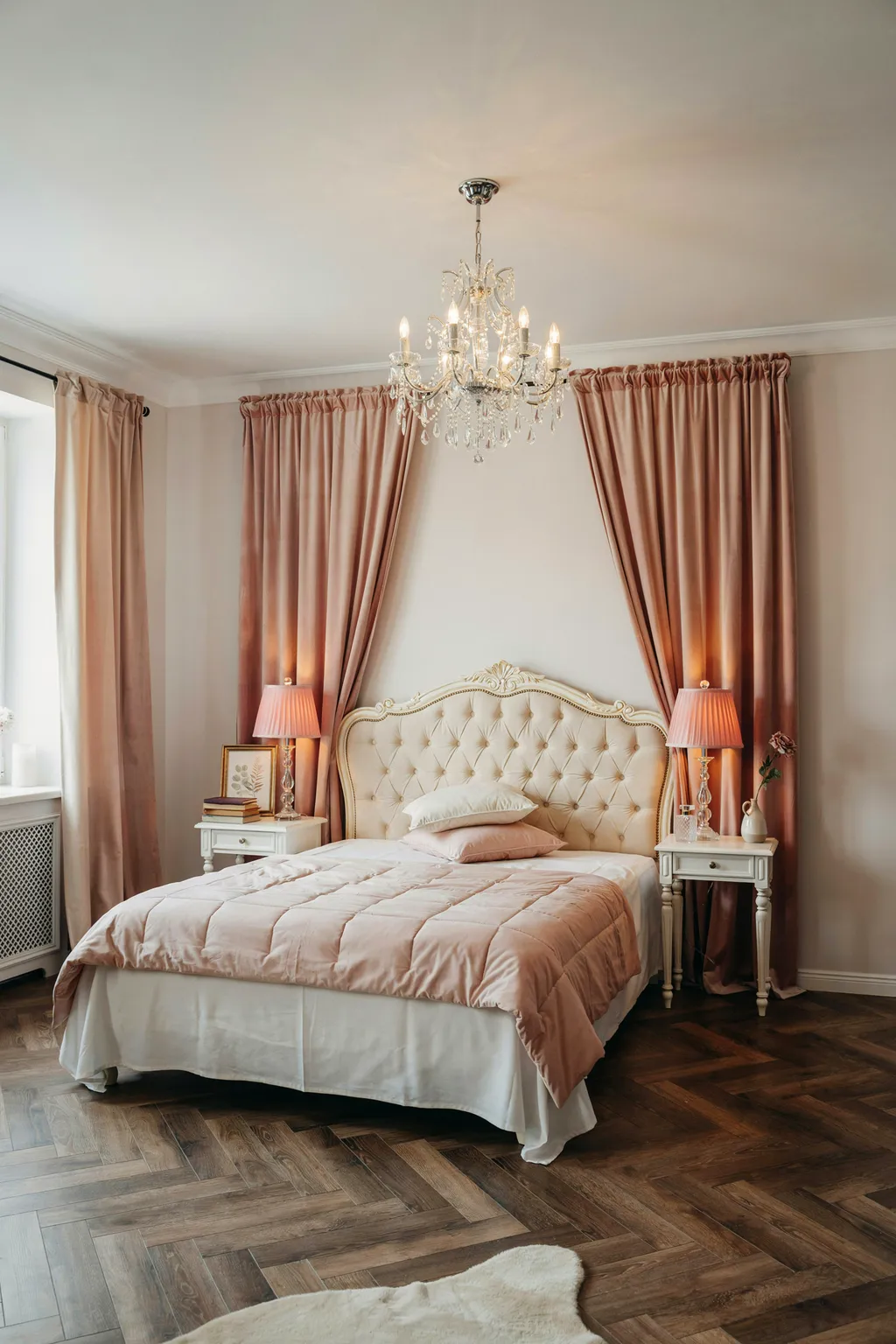 Crystal Chandelier and Bedside Table Lamps