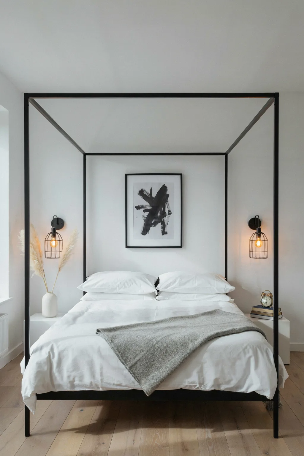 Calm White Bedroom With Black Accent Frame