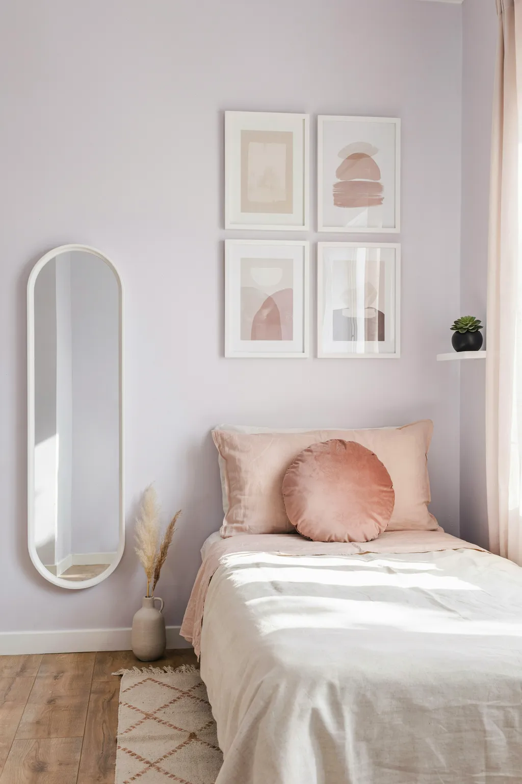 Lavender Bedroom with Gallery Wall and Mirror