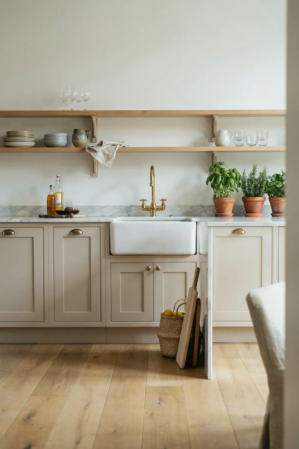 Greige Cabinets And Marble Waterfall