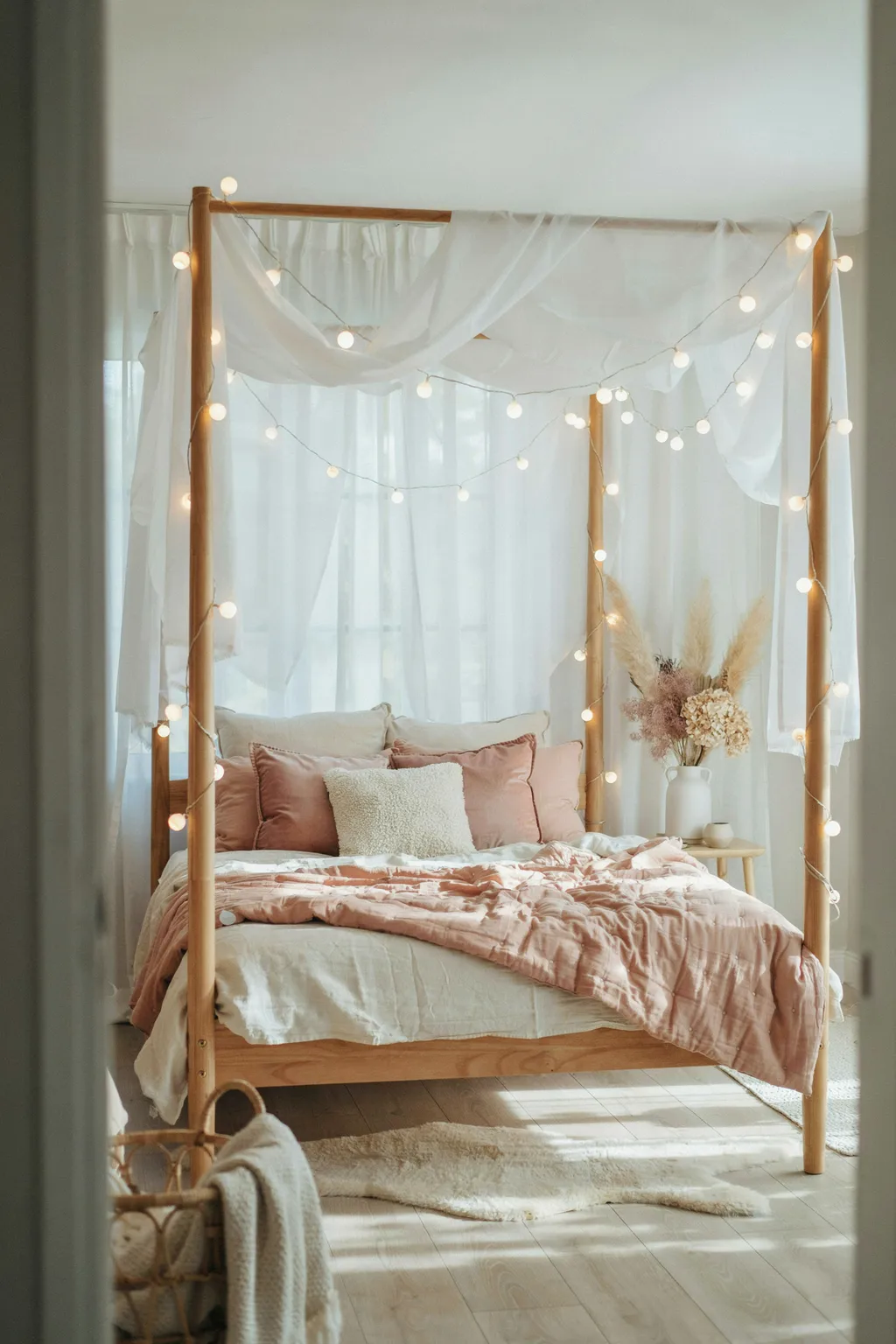 Globe String Lights on Canopy Bed Frame