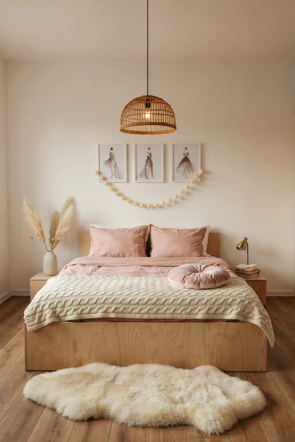 Chunky Knit Throw and Wicker Pendant Bedroom