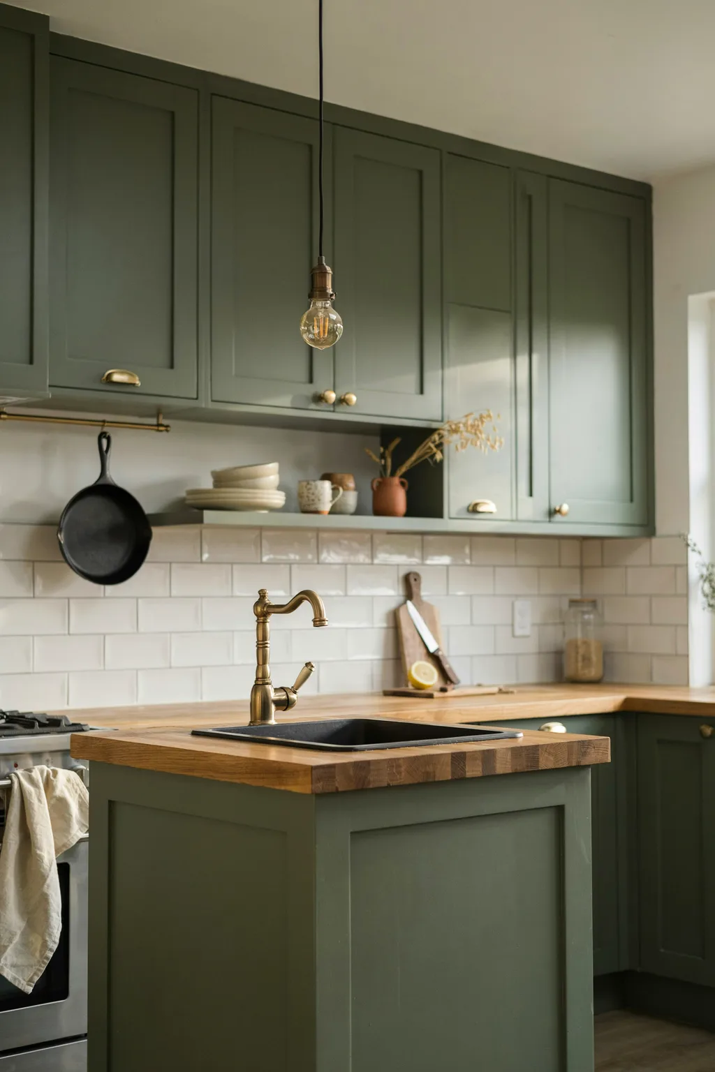 Olive Cabinets With Brass Glow